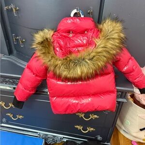 SAM. Red Puffer Jacket with Faux Fur Trim